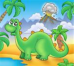 Cute green dinosaur with volcano - color illustration.