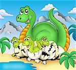 Dinosaur mom with little babies - color illustration.