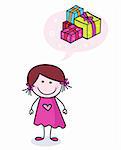 Stick figure girl with new gifts. Vector Illustration.