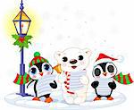 Christmas carolers ? cute polar bear and two penguins- under streetlight