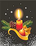 Burning candle with decorative ribbon, Christmas ball, cone, fir tree branches on snowy background, vector illustration