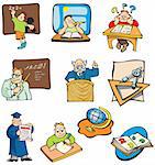 Collection of education cartoon pictures, students, teachers and objects, vector illustration