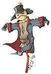 Evil scarecrow wearing old military uniform, cartoon vector illustration
