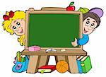 School chalkboard with two kids - vector illustration.