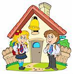 Small school with kids in uniforms - vector illustration.