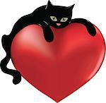 Black cat hugging a big heart. Vector illustration.