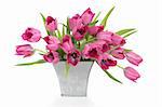 Pink tulip flowers in a distressed aluminum vase, isolated over white background.