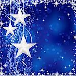 Christmas / winter background with stars, snow flakes and wavy lines on blue background with light dots for your festive occasions. No transparencies.