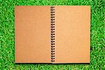 brown recycle paper notebook open on green grass field