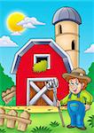 Big red barn with farmer - color illustration.