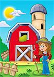 Big red barn with farmer girl - color illustration.