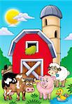 Big red barn with farm animals - color illustration.