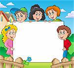 Blank frame with various kids - color illustration.