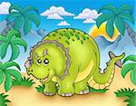 Cartoon triceratops in landscape - color illustration.