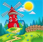 Country landscape with red mill - color illustration.