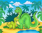 Dinosaur family in landscape - color illustration.