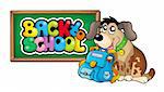 Dog with school bag and chalkboard - color illustration.