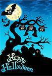 Happy Halloween sign with bats - color illustration.