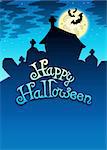 Happy Halloween sign with cemetery - color illustration.