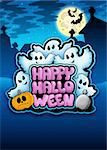 Happy Halloween sign with ghosts - color illustration.