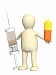 3d puppet with pill and syringe. Isolated over white