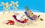 cartoon illustration of santa and reindeer having a rest on the beach
