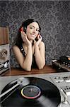 Dj retro woman vintage vinyl turntable music open reel tape recorder