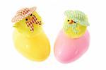 Toy Chicks on Easter Eggs White Background