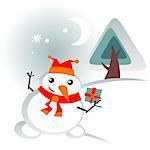Cartoon snowball with gift and pine on a winter background.