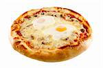 Italian pizza with cheese, ham, eggs, mushrooms, ketchup and olives