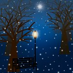 Foggy Christmas Winter Park Scene with Snowflakes and Star Illustration
