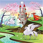 Pegasus, unicorn and dragon in a mythological landscape. Cartoon and vector illustration, objects isolated .