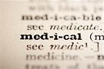 Word medical from the old dictionary, a close up.