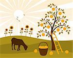 vector landscape with apple tree, sunflowers and grazing goat, Adobe Illustrator 8 format