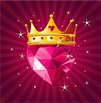 Shiny crystal love heart with princess crown  on radial background