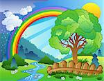 Landscape with rainbow and tree - vector illustration.