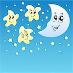 Night sky with cute stars and Moon - vector illustration.