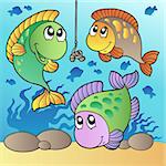 Three fishes and fishing hook - vector illustration.