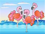 Three flamingos standing in water - vector illustration.