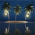 three palms on a desert island. on palm trees are lit lanterns.