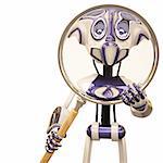 robot looks through a magnifying glass. 3D image.