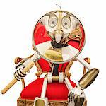 robot sitting on a chair and looks through a magnifying glass. isolated on white.