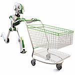 robot runs pushing a shopping cart. isolated on white including clipping path.