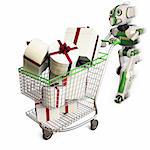 robot runs pushing a shopping cart with gifts. isolated on white including clipping path.