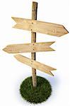 three empty arrow sign made out of wood on a patch of grass. with clipping path.
