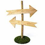 empty arrow sign made out of wood on a patch of grass. with clipping path.