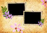 Two photo frames on the old wall with lilac flowers