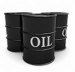 3d illustration of three oil barrels over white background