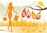 autumn background with shopping woman with shopping bags - vector illustration