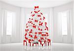 Christmas tree with red decorations in the white room interior 3d render